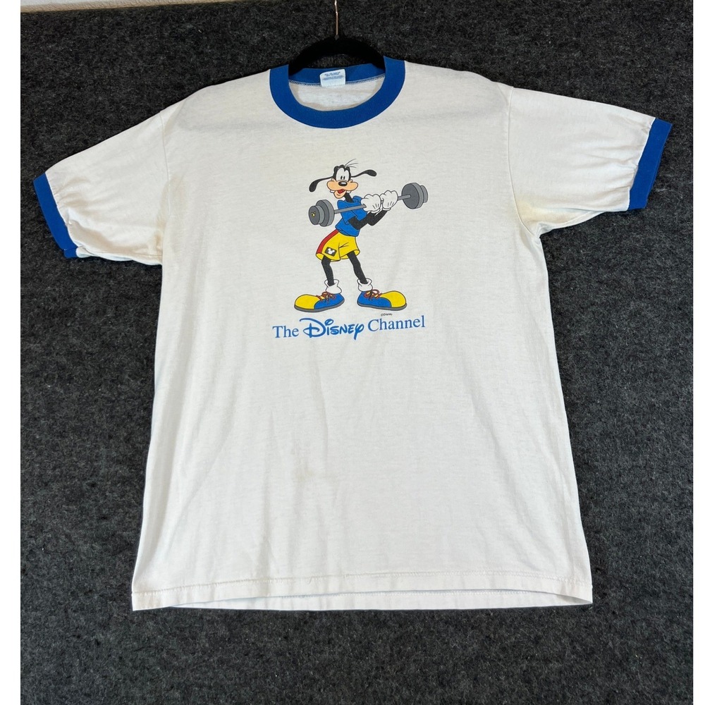 Vintage 80s Disney Channel Goofy Ringer T-Shirt Mens L White Mickey RARE Promo